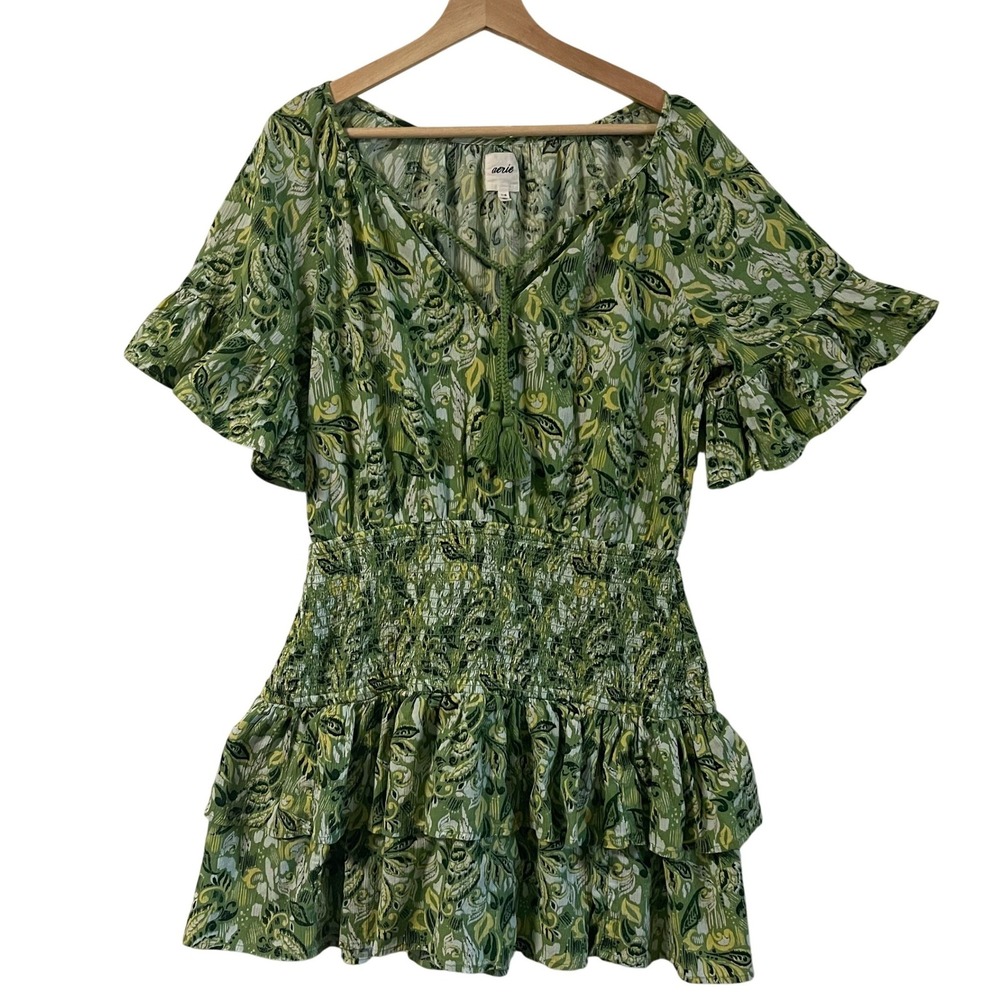 Aerie Green Paisley Smocked Waist Tiered‎ Mini Dress Large Boho Tassel V-Neck